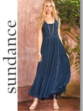 Sundance Aressana Embroidered Maxi Dress Sleeveless Gauzy Boho Size 8